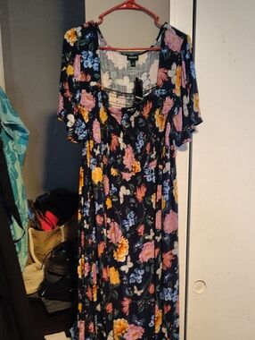 Torrid Floral Midi Dress - Blue with Pink & Yellow Blooms And Butterflies